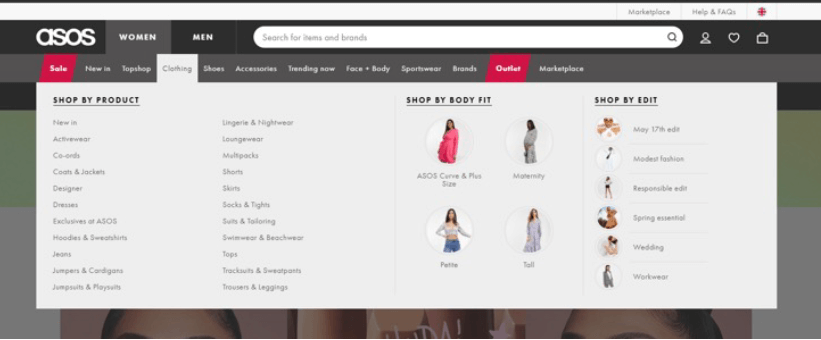 ASOS nav bar dropdown