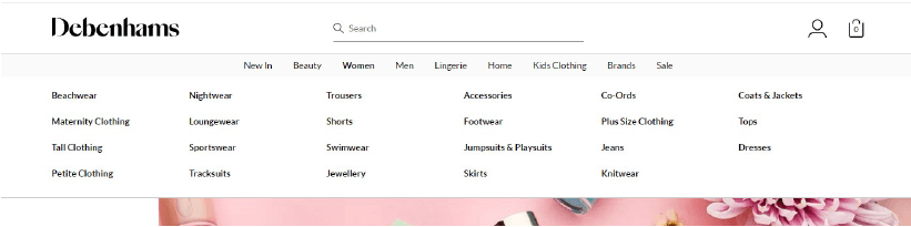 Debenhams nav bar dropdown