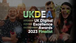 UK Digital Excellence Awards finalist logo with team background