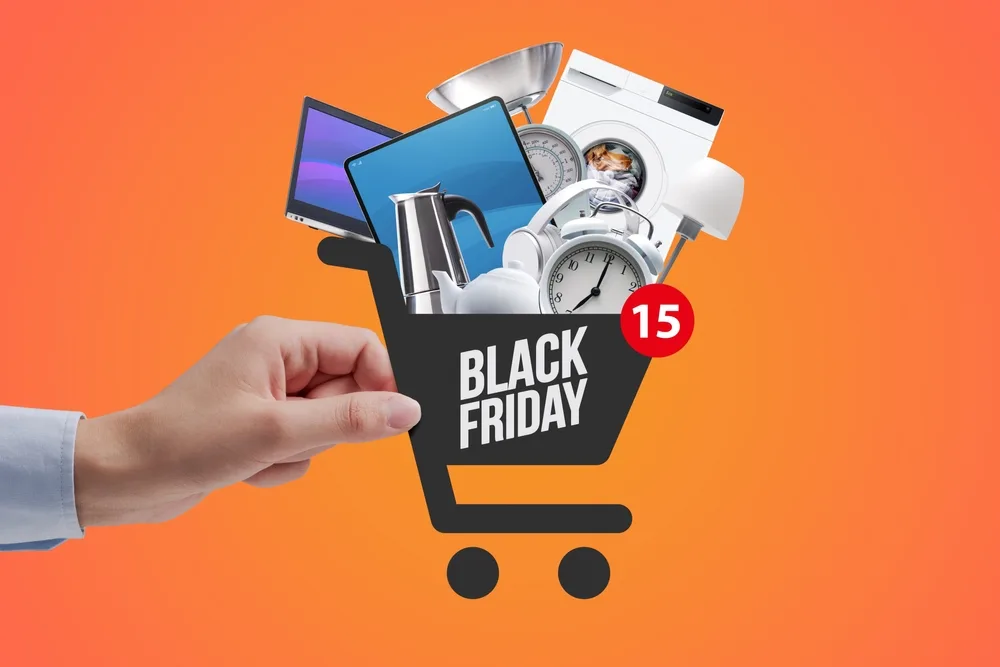 Black Friday shopping with hand holding a shopping cart