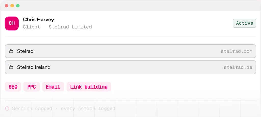 AgencyMindHub client access: a client user scoped to their own projects, with an audit trail
