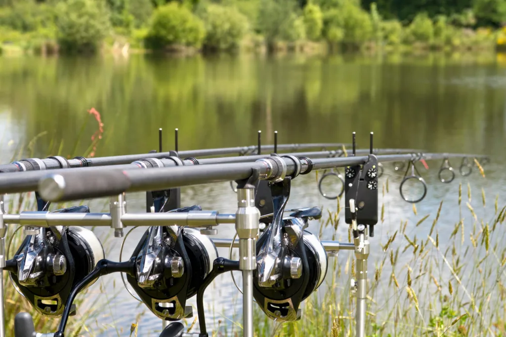 Carp fishing at the lakeside, the sport UK Carp Tech supplies