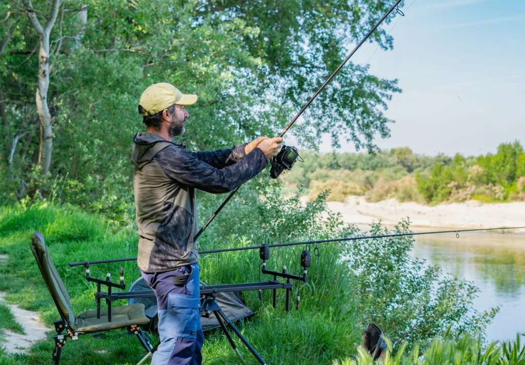 Carp fishing at the lakeside, the sport UK Carp Tech supplies