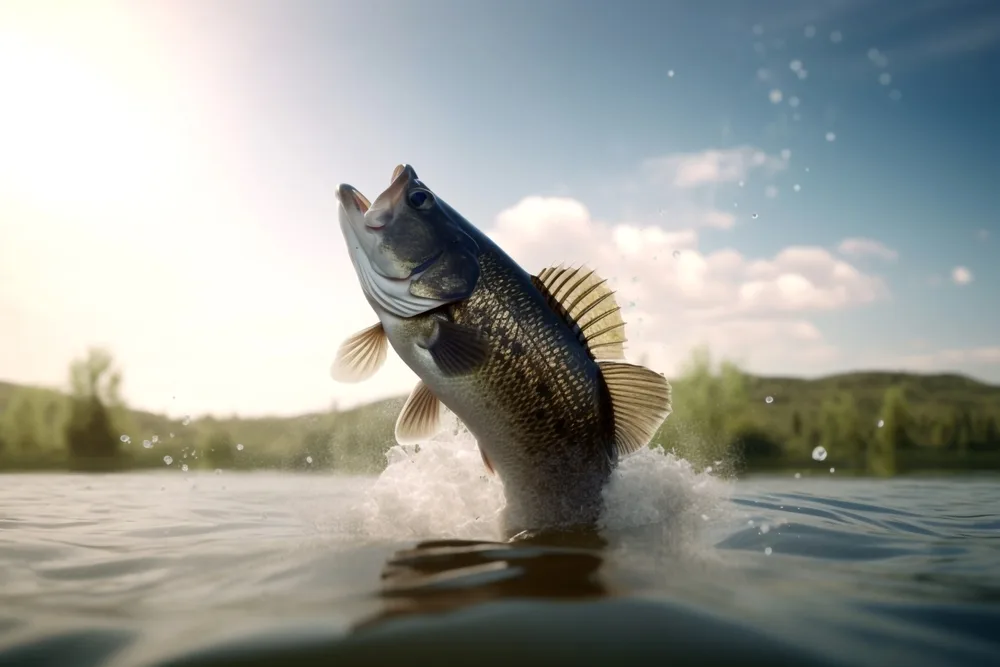A fish breaking the surface of a lake in open water