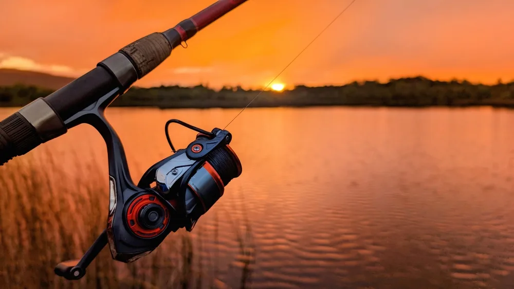 A rod and reel silhouetted against a sunset over the water