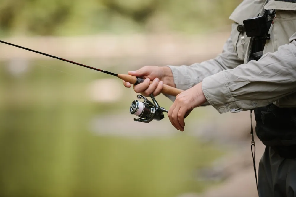 An angler’s hands working a reel at the waterside